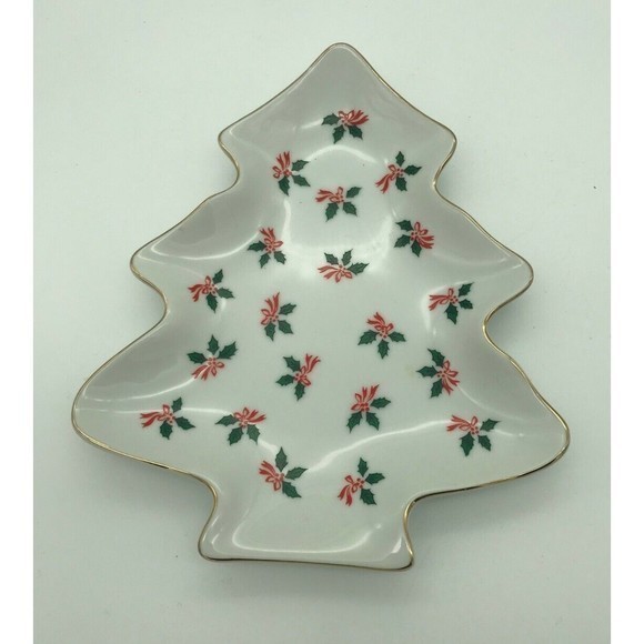 Vintage LEFTON‎ CHINA Hand Painted Holly Berry CHRISTMAS TREE Candy Dish #2387 - Picture 1 of 4